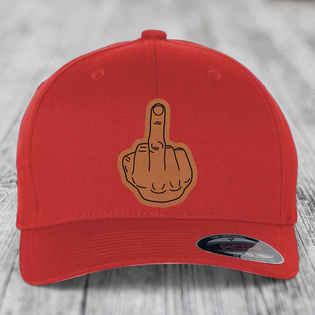 Middle Finger - Leather Patch Hat - Rawhide to Black Patch - Flexfit 6277 Fitted Hat