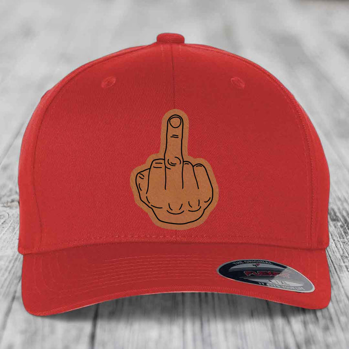Middle Finger - Leather Patch Hat - Rawhide to Black Patch - Flexfit 6277 Fitted Hat