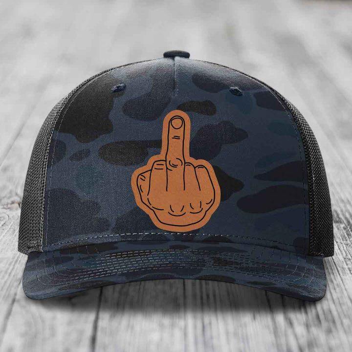 Middle Finger - Leather Patch Hat - Rawhide to Black Patch - Richardson 112PFP Snapback Trucker Hat