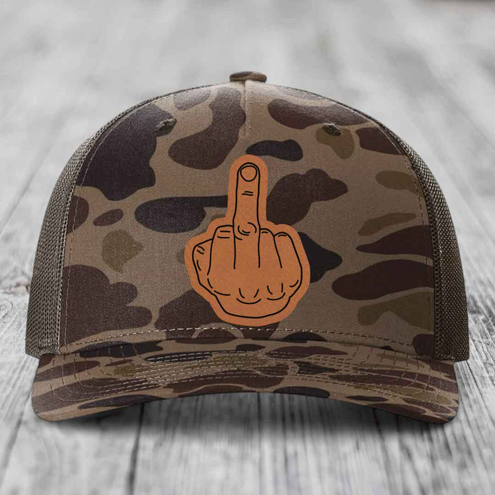 Middle Finger - Leather Patch Hat - Rawhide to Black Patch - Richardson 112PFP Snapback Trucker Hat