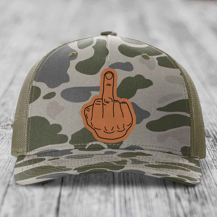 Middle Finger - Leather Patch Hat - Rawhide to Black Patch - Richardson 112PFP Snapback Trucker Hat
