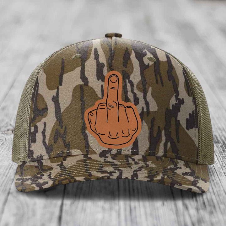 Middle Finger - Leather Patch Hat - Rawhide to Black Patch - Richardson 112PFP Snapback Trucker Hat