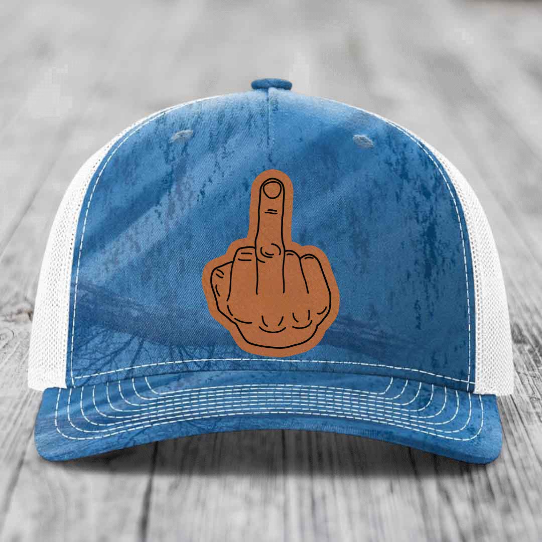 Middle Finger - Leather Patch Hat - Rawhide to Black Patch - Richardson 112PFP Snapback Trucker Hat