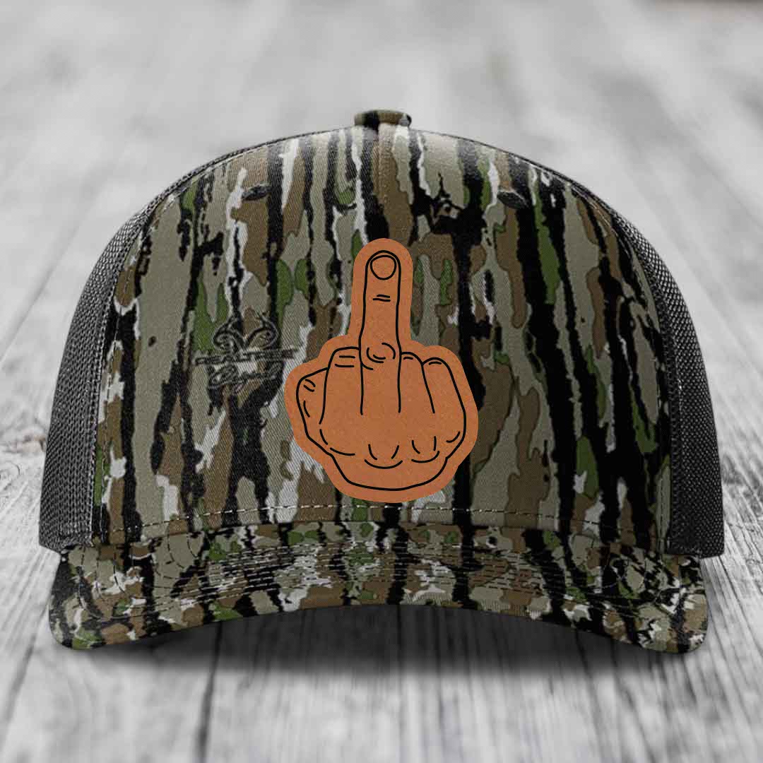 Middle Finger - Leather Patch Hat - Rawhide to Black Patch - Richardson 112PFP Snapback Trucker Hat