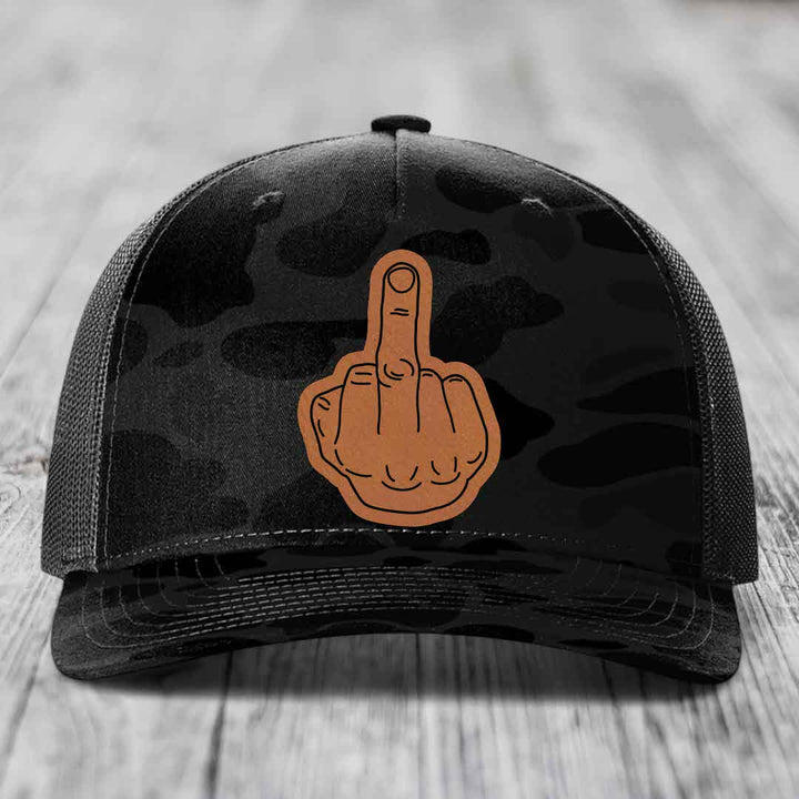 Middle Finger - Leather Patch Hat - Rawhide to Black Patch - Richardson 112PFP Snapback Trucker Hat
