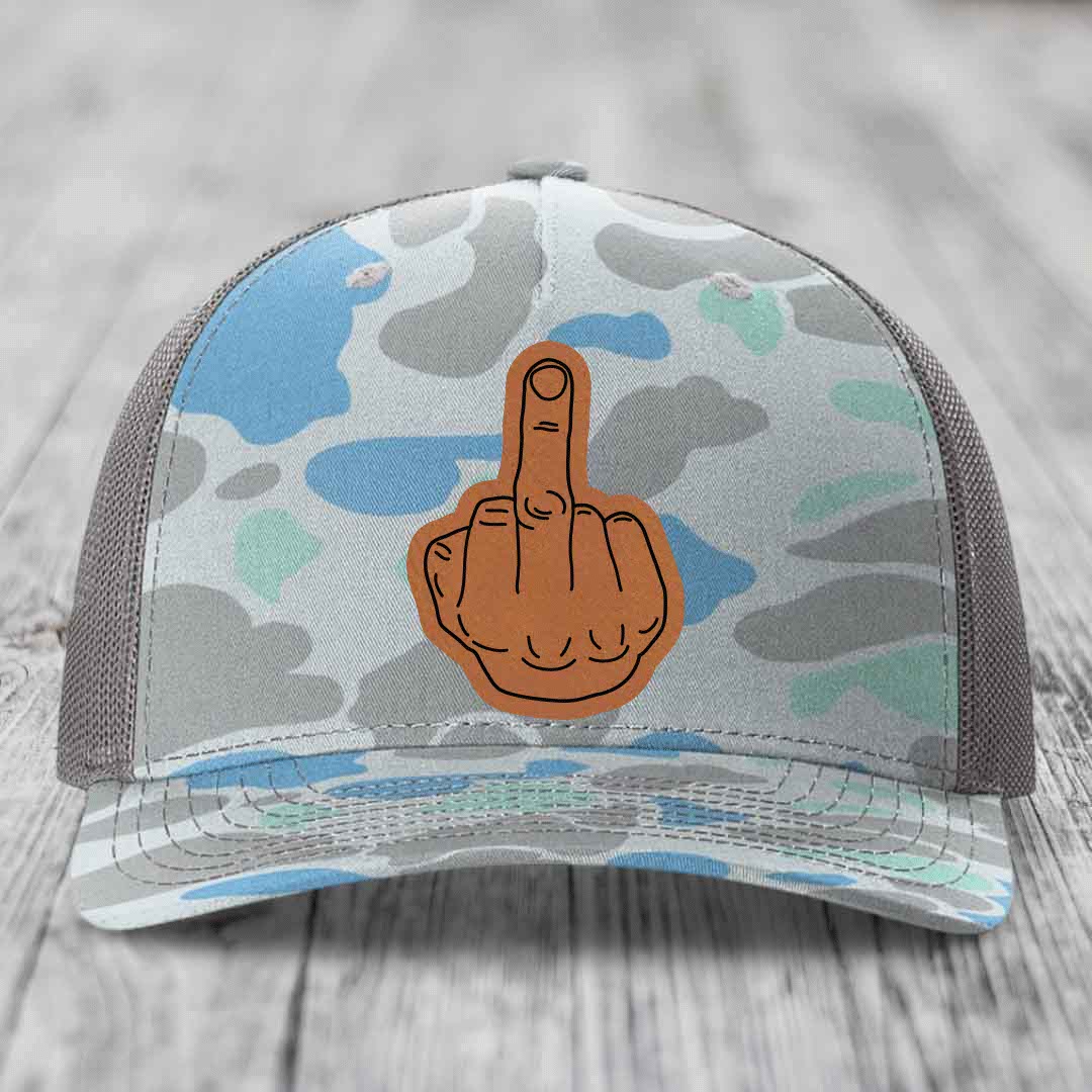 Middle Finger - Leather Patch Hat - Rawhide to Black Patch - Richardson 112PFP Snapback Trucker Hat