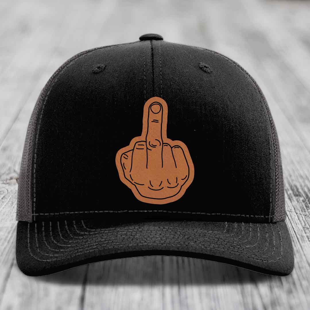 Middle Finger - Leather Patch Hat - Rawhide to Black Patch - Richardson 112 Snapback Trucker Hat