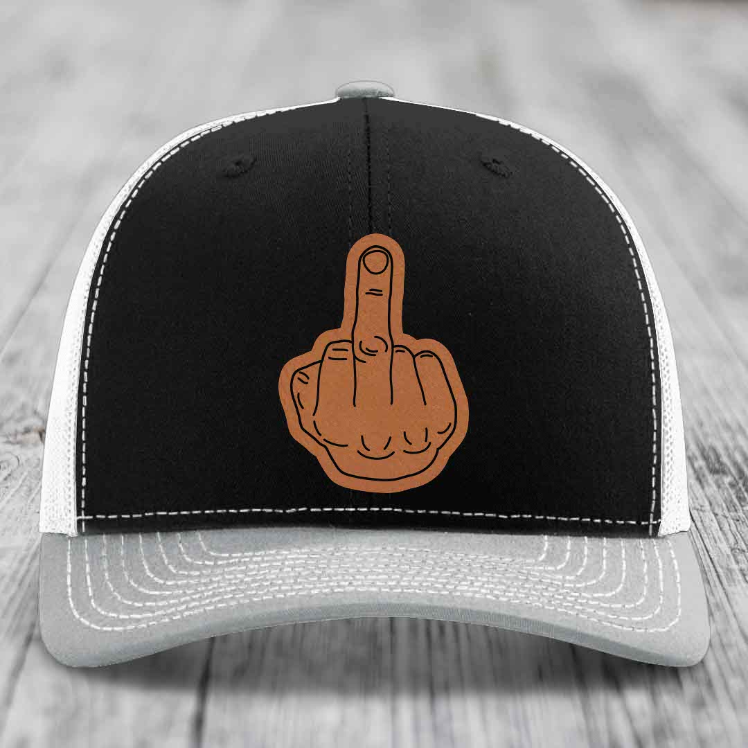 Middle Finger - Leather Patch Hat - Rawhide to Black Patch - Richardson 112 Snapback Trucker Hat