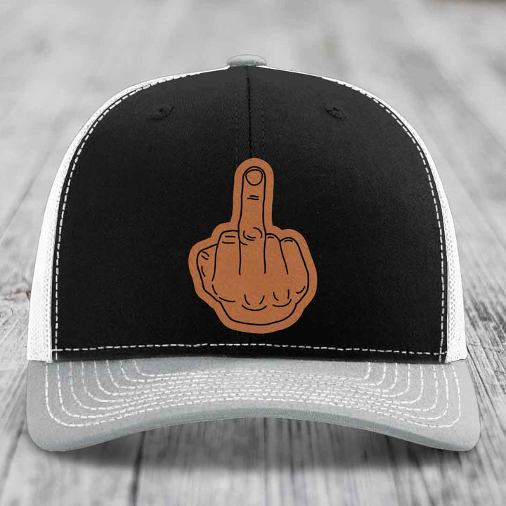 Middle Finger - Leather Patch Hat - Rawhide to Black Patch - Richardson 112 Snapback Trucker Hat