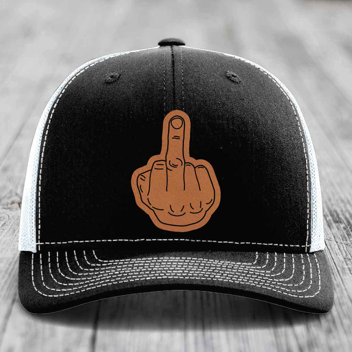 Middle Finger - Leather Patch Hat - Rawhide to Black Patch - Richardson 112 Snapback Trucker Hat