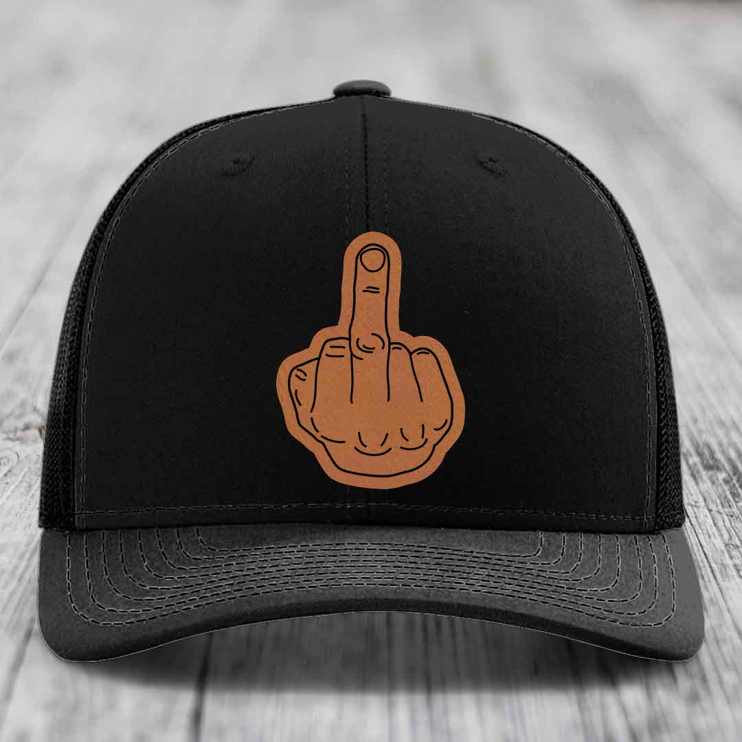 Middle Finger - Leather Patch Hat - Rawhide to Black Patch - Richardson 112 Snapback Trucker Hat