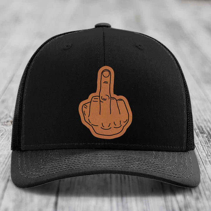 Middle Finger - Leather Patch Hat - Rawhide to Black Patch - Richardson 112 Snapback Trucker Hat