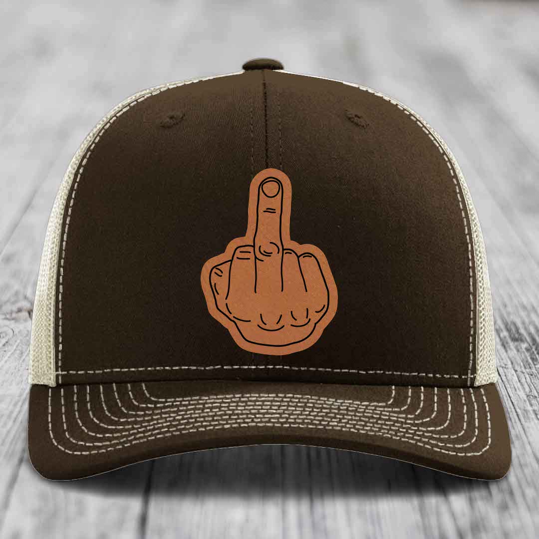 Middle Finger - Leather Patch Hat - Rawhide to Black Patch - Richardson 112 Snapback Trucker Hat