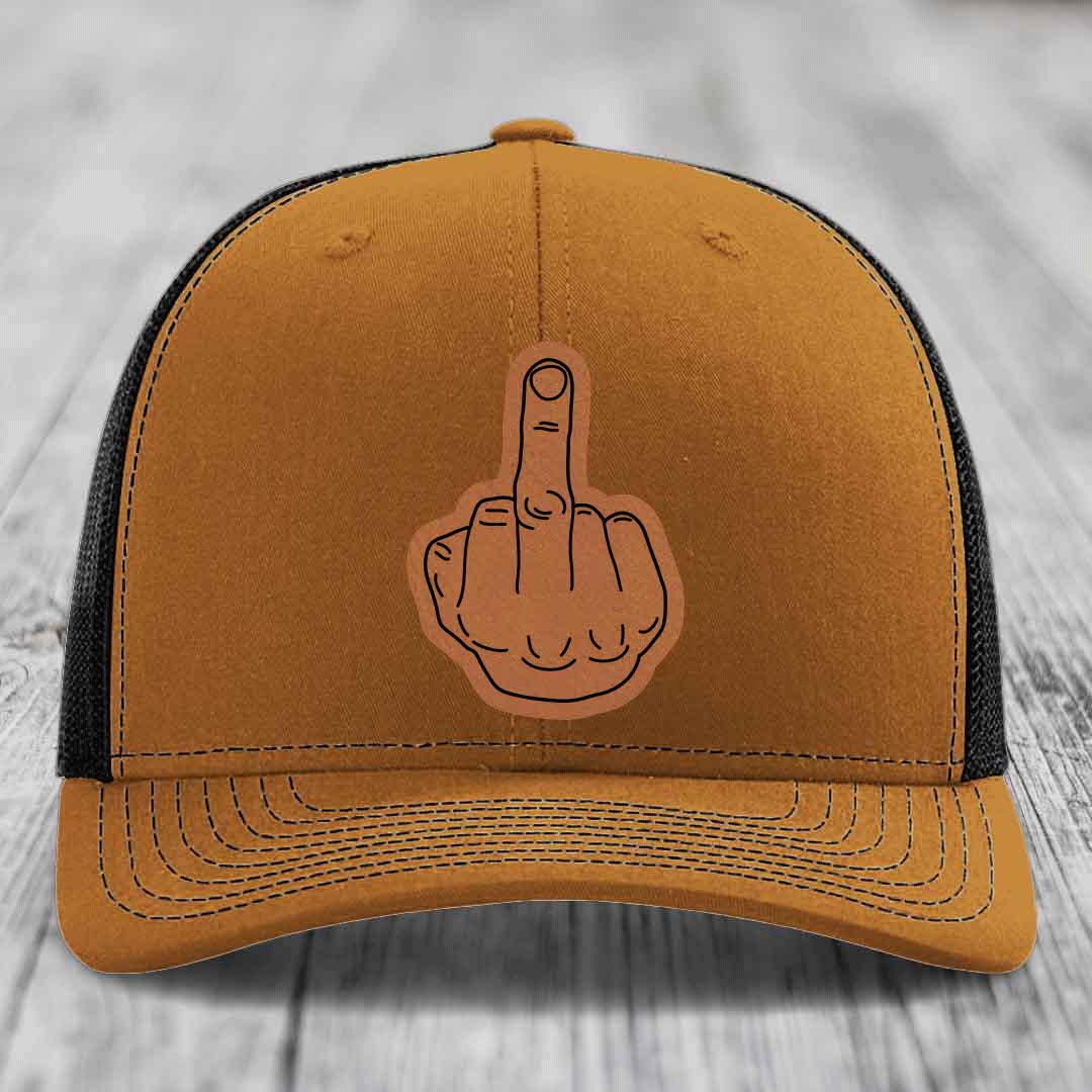 Middle Finger - Leather Patch Hat - Rawhide to Black Patch - Richardson 112 Snapback Trucker Hat