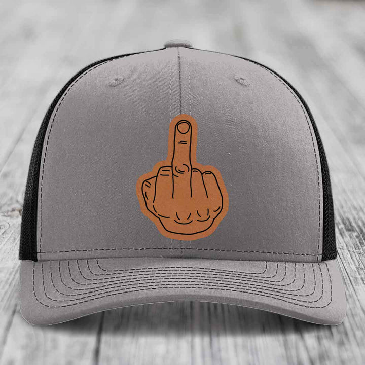 Middle Finger - Leather Patch Hat - Rawhide to Black Patch - Richardson 112 Snapback Trucker Hat