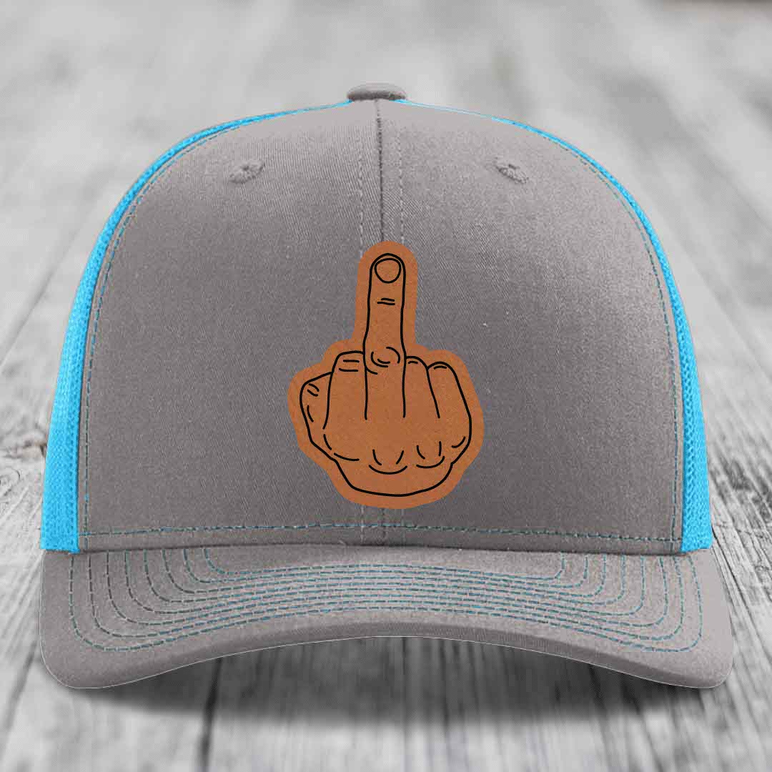 Middle Finger - Leather Patch Hat - Rawhide to Black Patch - Richardson 112 Snapback Trucker Hat