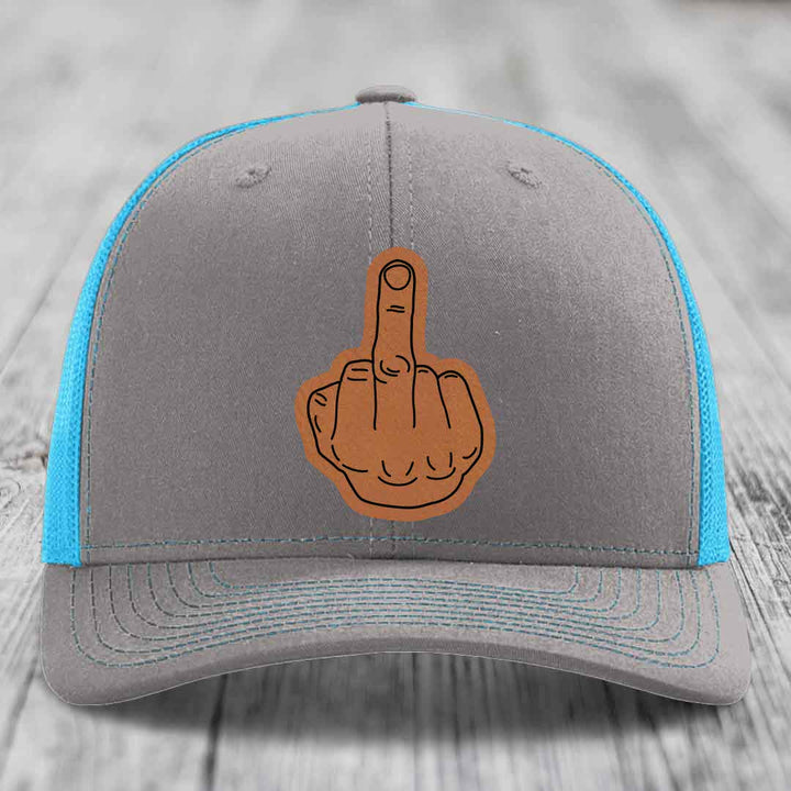 Middle Finger - Leather Patch Hat - Rawhide to Black Patch - Richardson 112 Snapback Trucker Hat