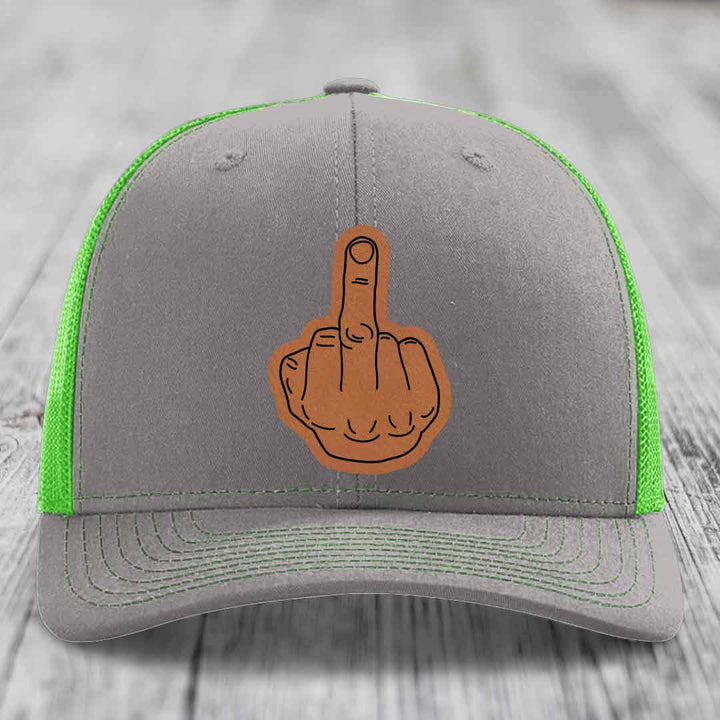 Middle Finger - Leather Patch Hat - Rawhide to Black Patch - Richardson 112 Snapback Trucker Hat