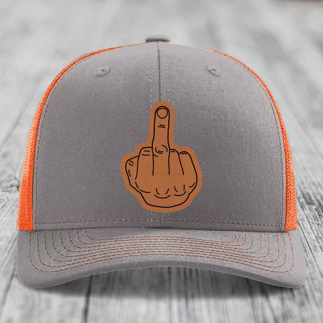 Middle Finger - Leather Patch Hat - Rawhide to Black Patch - Richardson 112 Snapback Trucker Hat