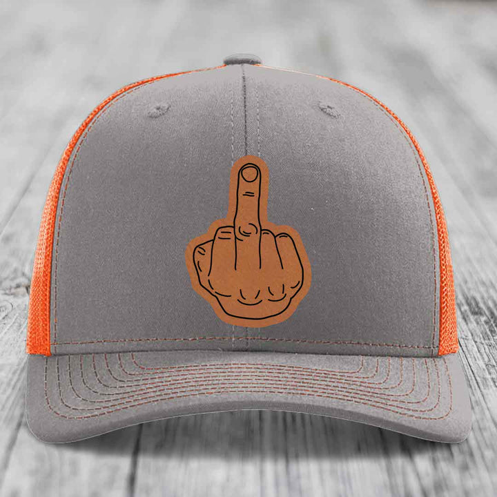 Middle Finger - Leather Patch Hat - Rawhide to Black Patch - Richardson 112 Snapback Trucker Hat