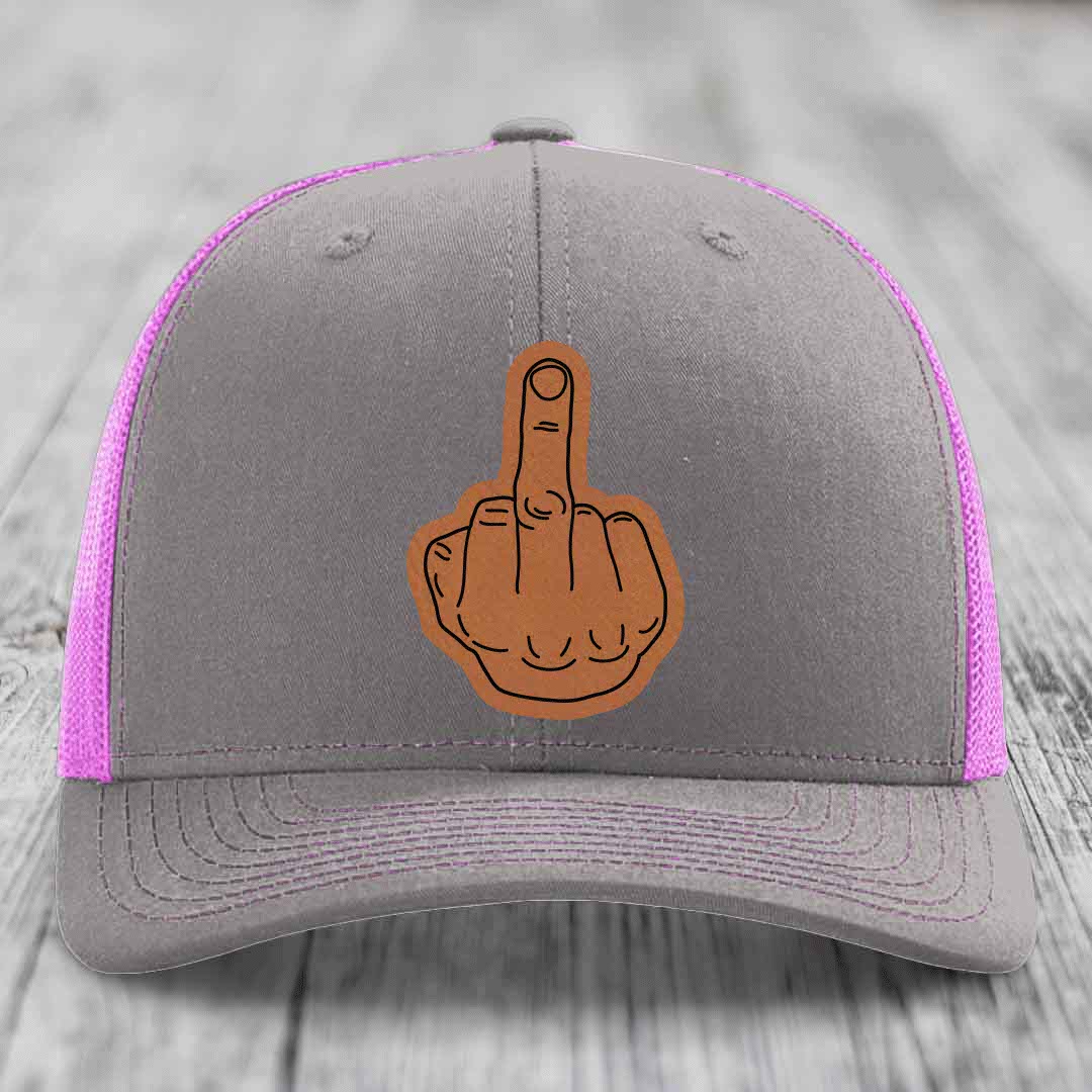 Middle Finger - Leather Patch Hat - Rawhide to Black Patch - Richardson 112 Snapback Trucker Hat