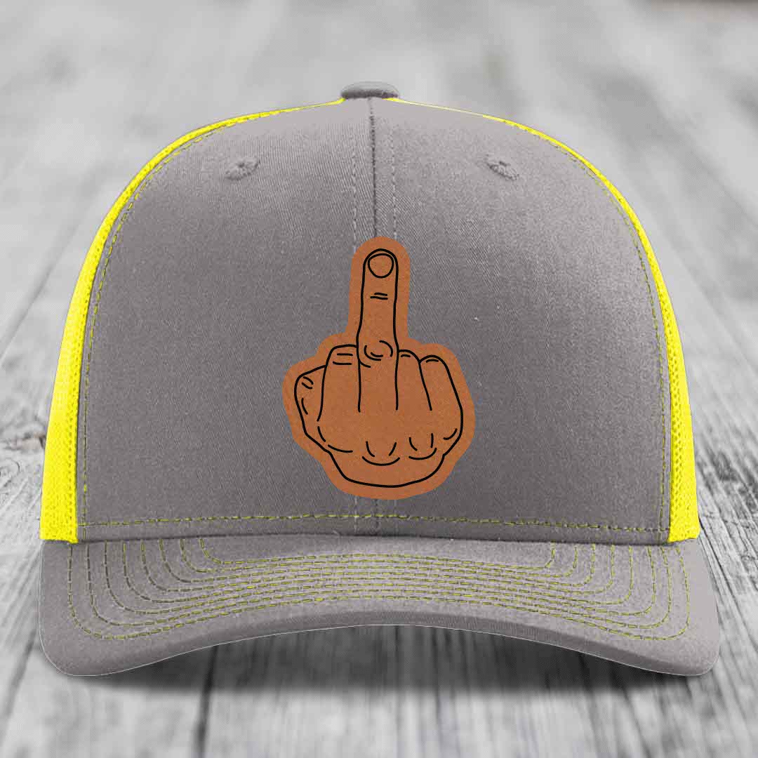 Middle Finger - Leather Patch Hat - Rawhide to Black Patch - Richardson 112 Snapback Trucker Hat