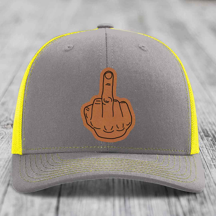 Middle Finger - Leather Patch Hat - Rawhide to Black Patch - Richardson 112 Snapback Trucker Hat