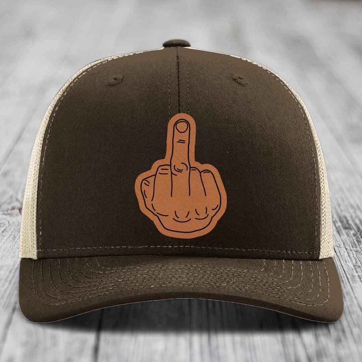 Middle Finger - Leather Patch Hat - Rawhide to Black Patch - Richardson 112 Snapback Trucker Hat