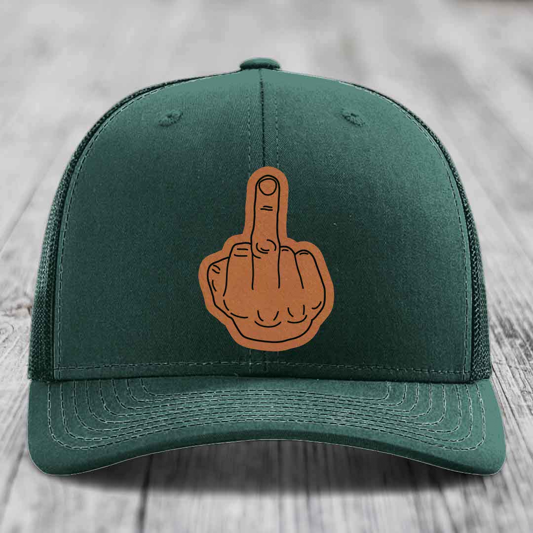 Middle Finger - Leather Patch Hat - Rawhide to Black Patch - Richardson 112 Snapback Trucker Hat