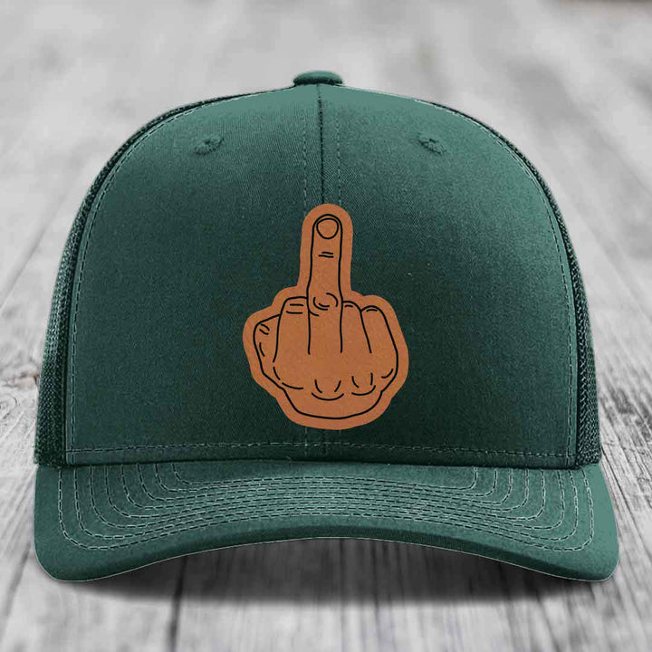 Middle Finger - Leather Patch Hat - Rawhide to Black Patch - Richardson 112 Snapback Trucker Hat