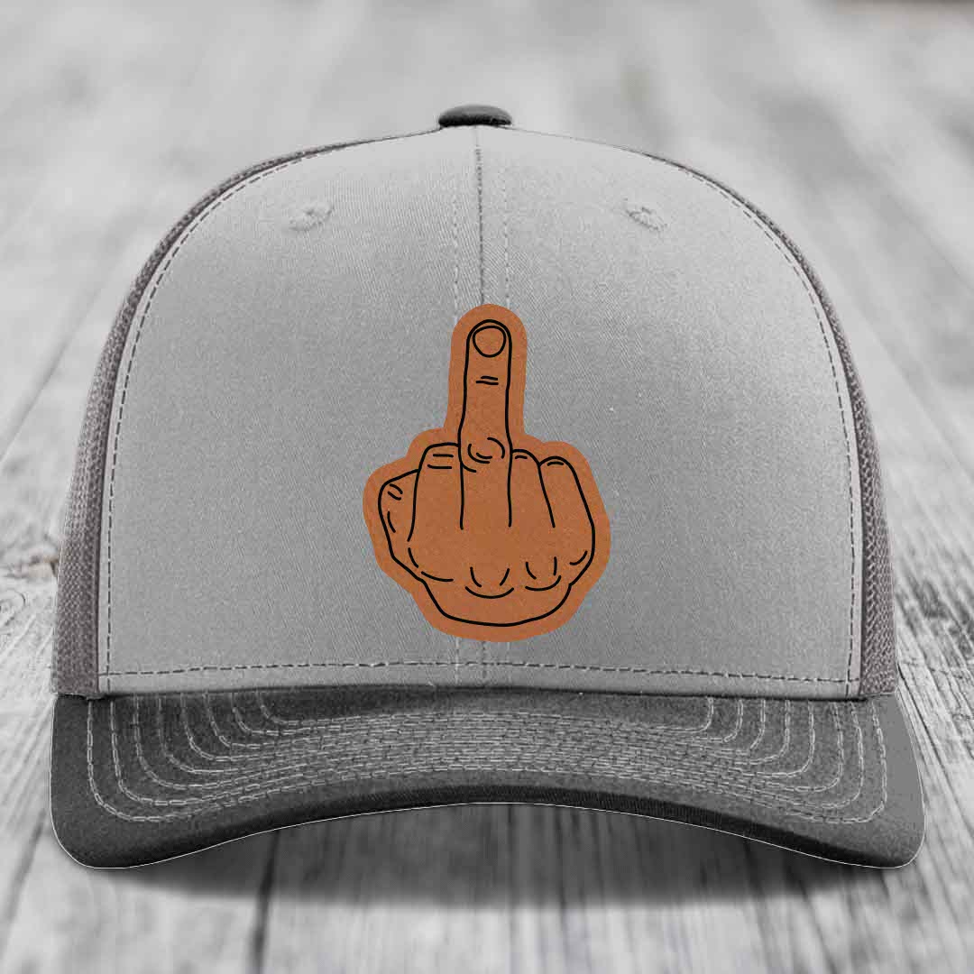 Middle Finger - Leather Patch Hat - Rawhide to Black Patch - Richardson 112 Snapback Trucker Hat
