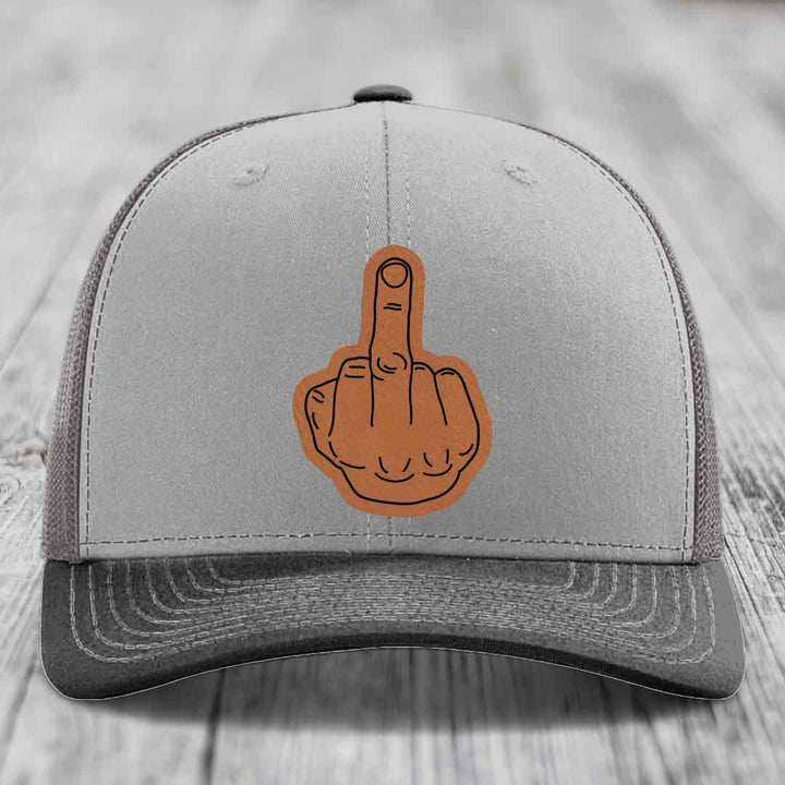 Middle Finger - Leather Patch Hat - Rawhide to Black Patch - Richardson 112 Snapback Trucker Hat