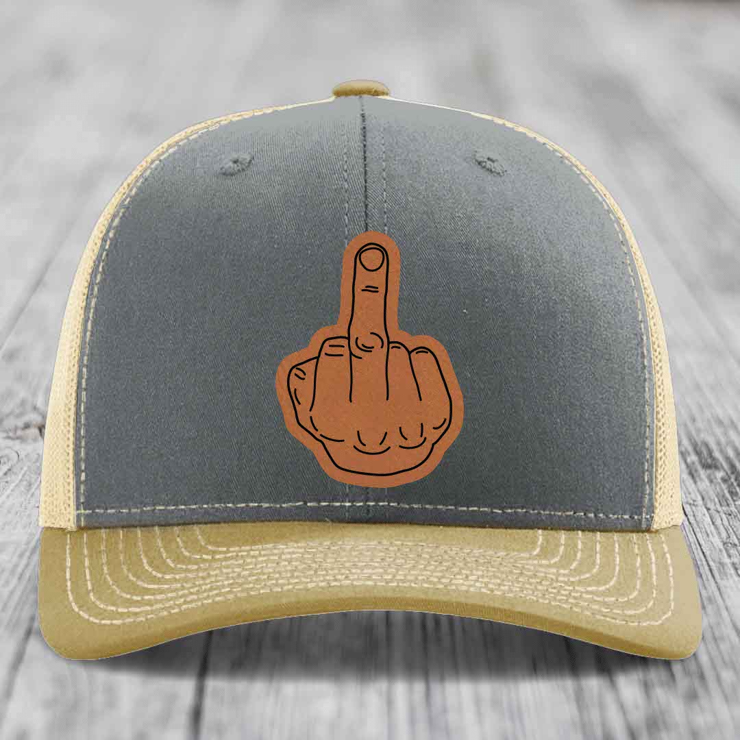 Middle Finger - Leather Patch Hat - Rawhide to Black Patch - Richardson 112 Snapback Trucker Hat