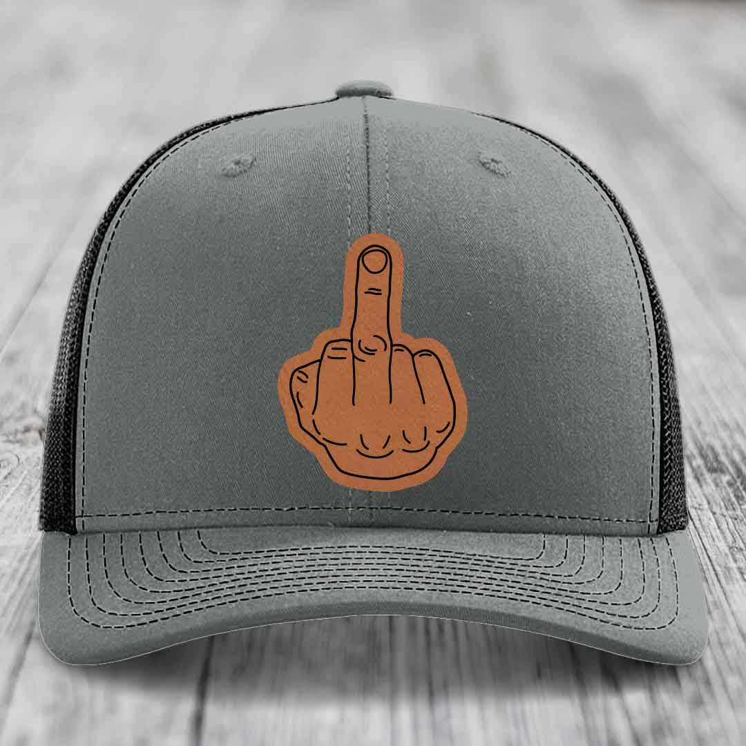 Middle Finger - Leather Patch Hat - Rawhide to Black Patch - Richardson 112 Snapback Trucker Hat