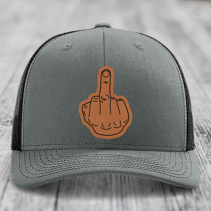 Middle Finger - Leather Patch Hat - Rawhide to Black Patch - Richardson 112 Snapback Trucker Hat