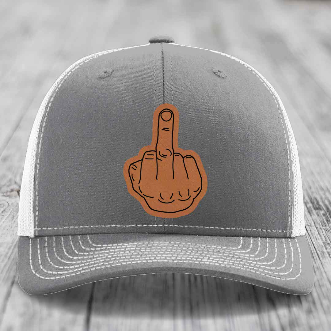 Middle Finger - Leather Patch Hat - Rawhide to Black Patch - Richardson 112 Snapback Trucker Hat