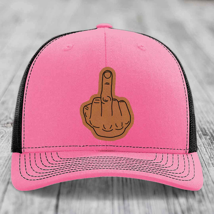 Middle Finger - Leather Patch Hat - Rawhide to Black Patch - Richardson 112 Snapback Trucker Hat