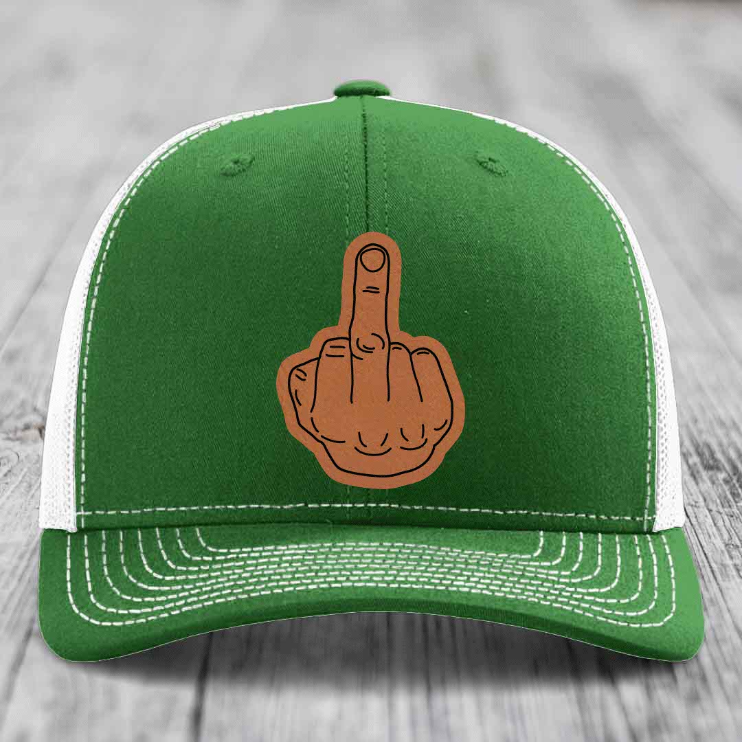 Middle Finger - Leather Patch Hat - Rawhide to Black Patch - Richardson 112 Snapback Trucker Hat