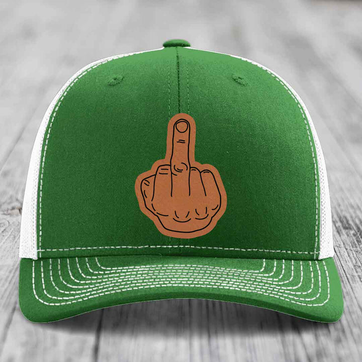 Middle Finger - Leather Patch Hat - Rawhide to Black Patch - Richardson 112 Snapback Trucker Hat