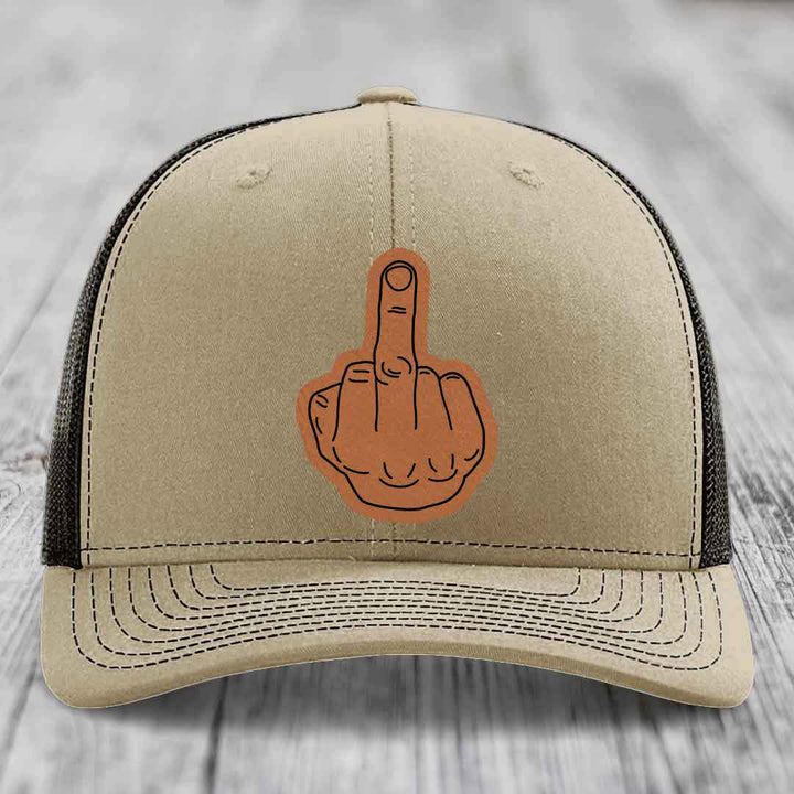 Middle Finger - Leather Patch Hat - Rawhide to Black Patch - Richardson 112 Snapback Trucker Hat