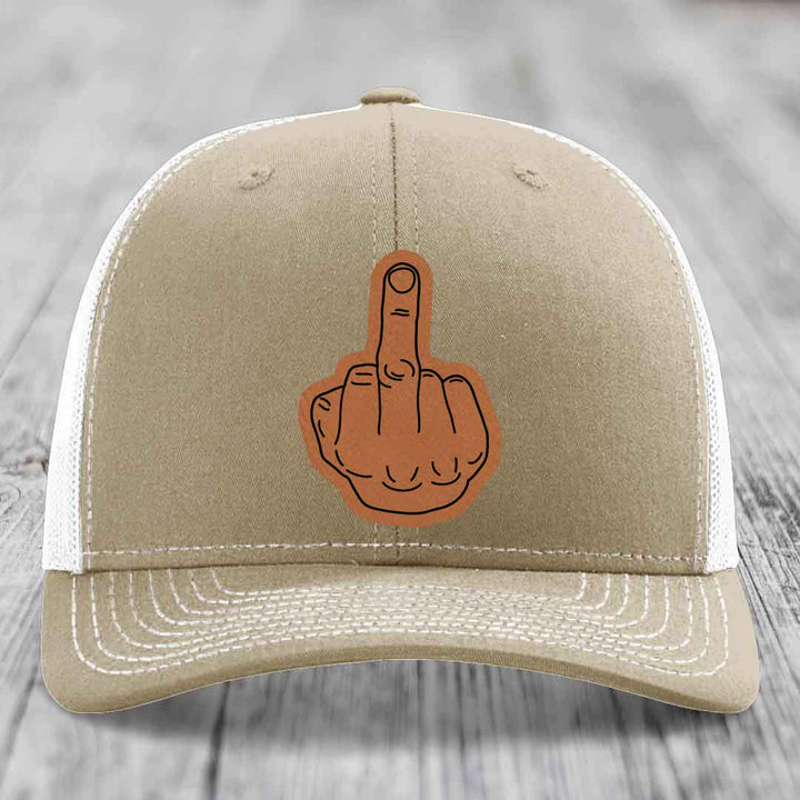 Middle Finger - Leather Patch Hat - Rawhide to Black Patch - Richardson 112 Snapback Trucker Hat