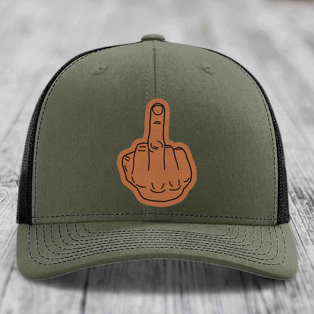 Middle Finger - Leather Patch Hat - Rawhide to Black Patch - Richardson 112 Snapback Trucker Hat