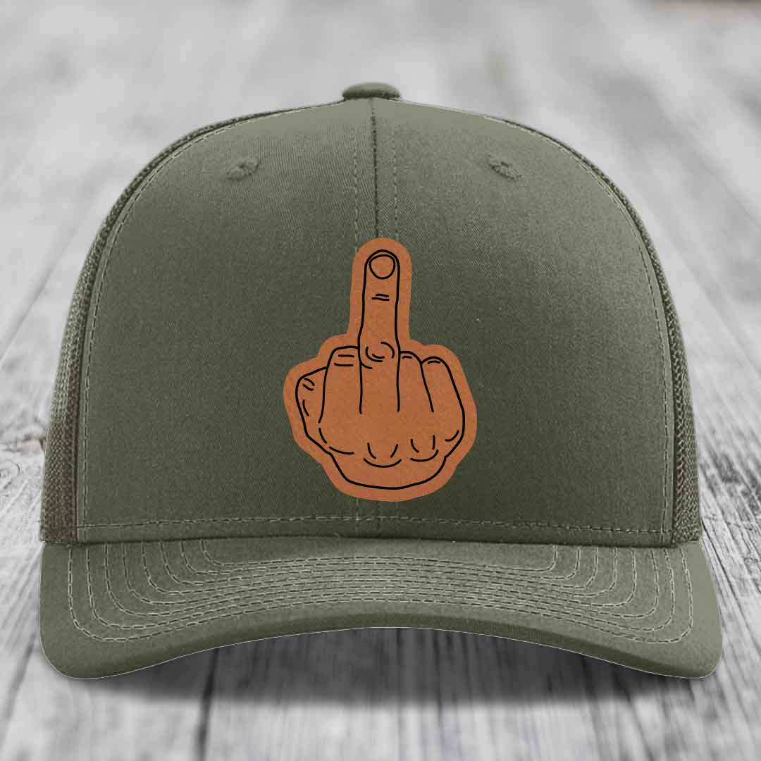 Middle Finger - Leather Patch Hat - Rawhide to Black Patch - Richardson 112 Snapback Trucker Hat
