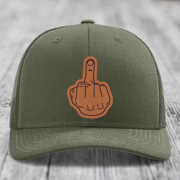 Middle Finger - Leather Patch Hat - Rawhide to Black Patch - Richardson 112 Snapback Trucker Hat