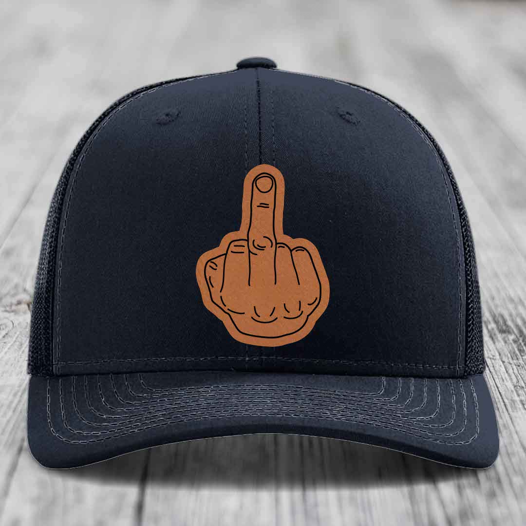 Middle Finger - Leather Patch Hat - Rawhide to Black Patch - Richardson 112 Snapback Trucker Hat