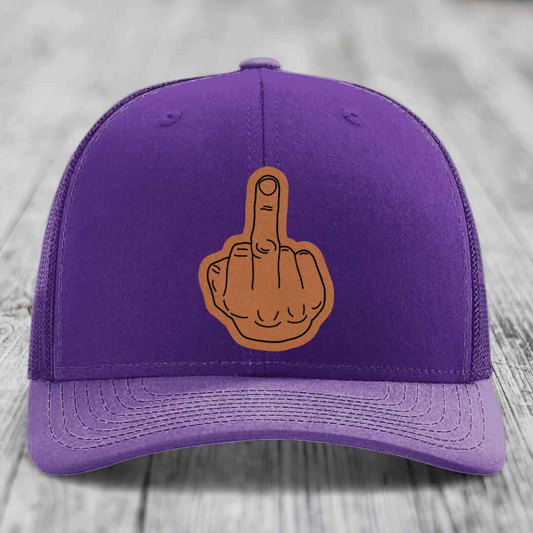 Middle Finger - Leather Patch Hat - Rawhide to Black Patch - Richardson 112 Snapback Trucker Hat