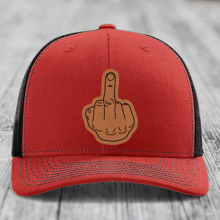 Middle Finger - Leather Patch Hat - Rawhide to Black Patch - Richardson 112 Snapback Trucker Hat