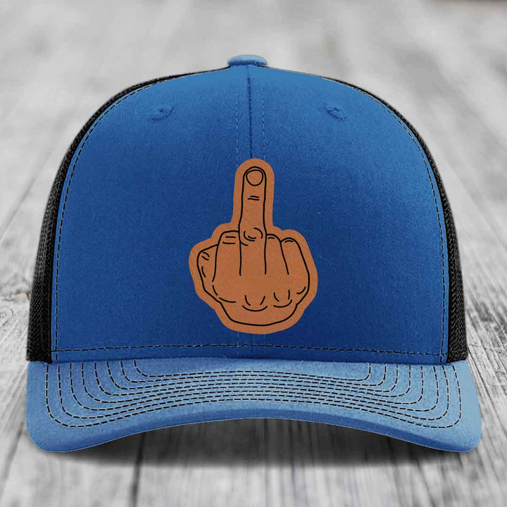 Middle Finger - Leather Patch Hat - Rawhide to Black Patch - Richardson 112 Snapback Trucker Hat