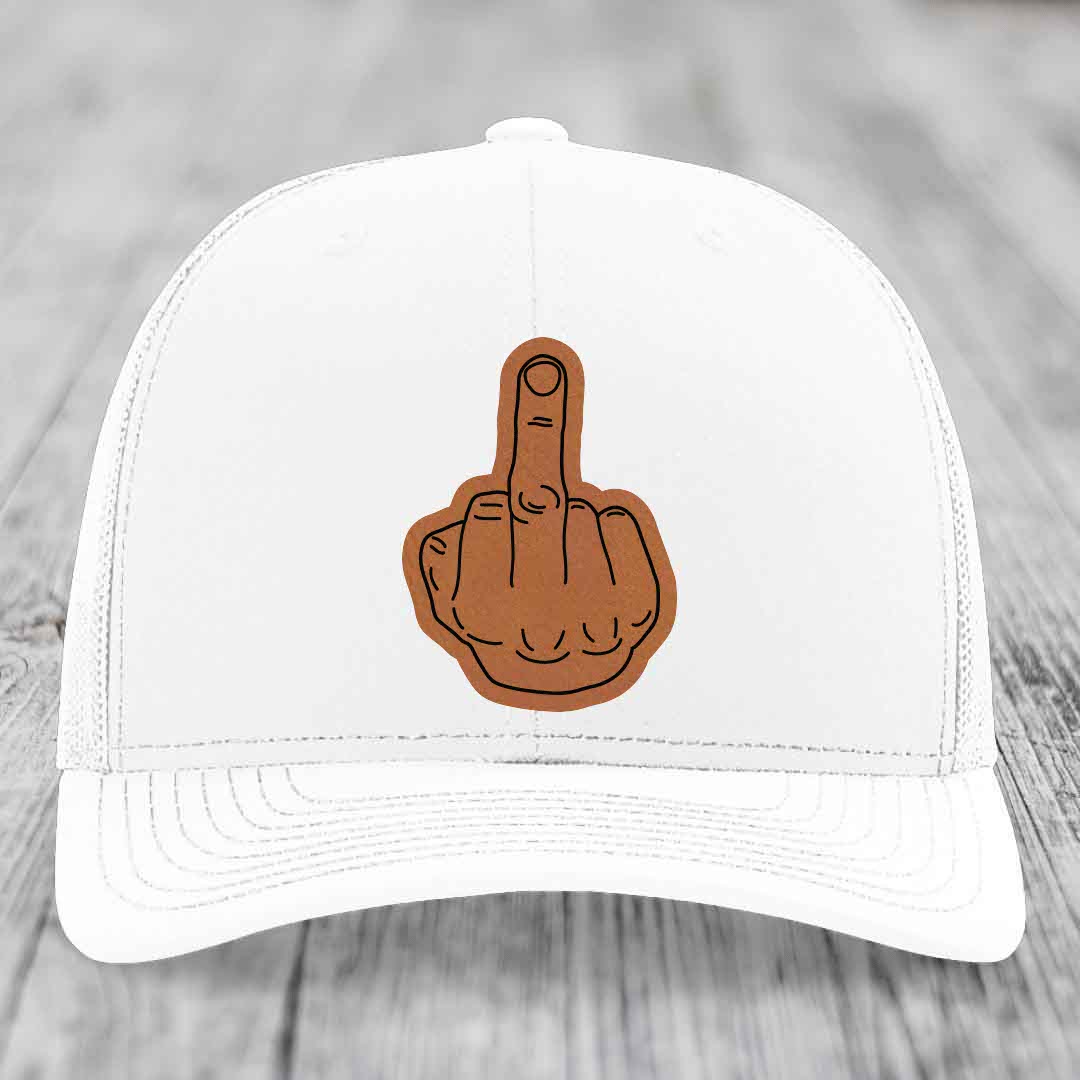 Middle Finger - Leather Patch Hat - Rawhide to Black Patch - Richardson 112 Snapback Trucker Hat
