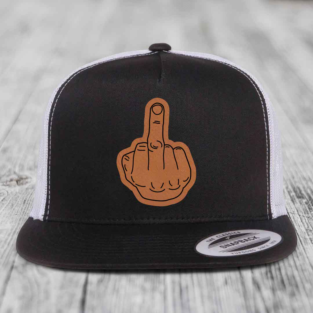 Middle Finger - Leather Patch Hat - Rawhide to Black Patch - Yupoong 6006 Snapback Flatbill Hat